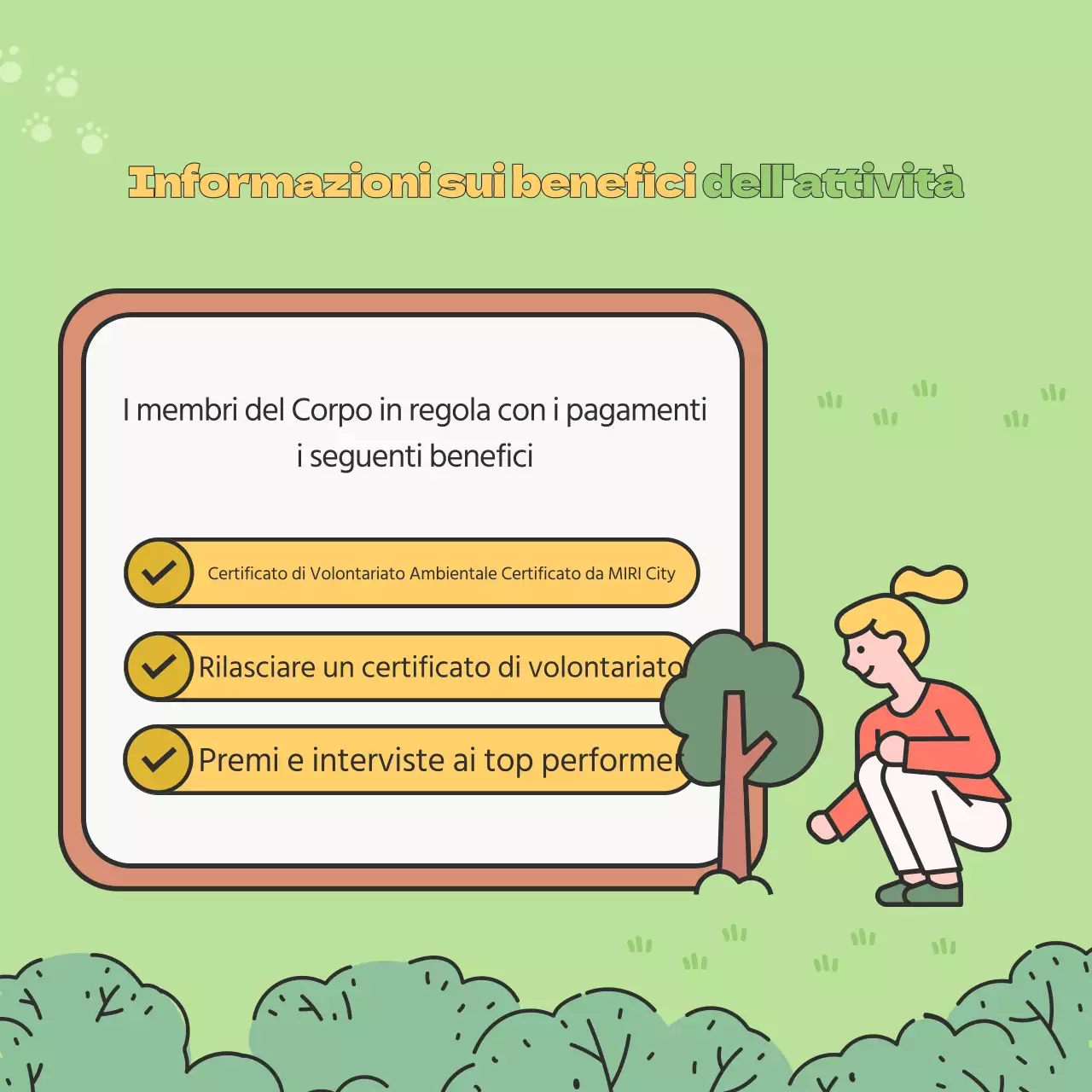 Promuovere il reclutamento di studenti universitari volontari ambientali di colore verde e chartreuse.