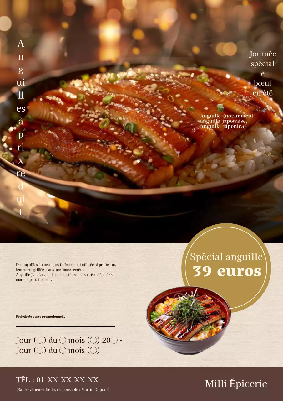Flyer pour les anguilles habillées à l'orientale en marron et beige