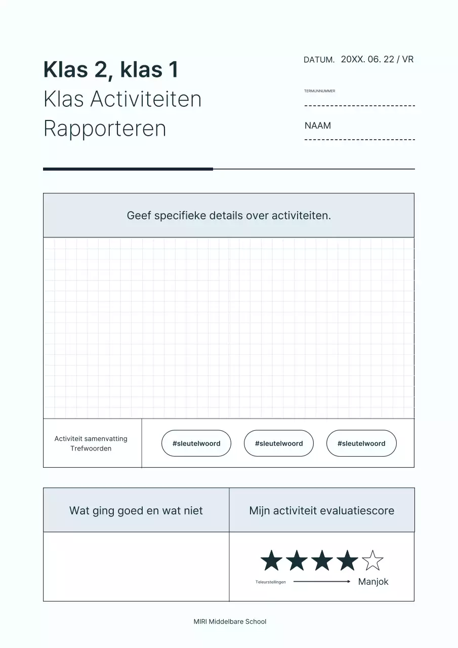 Een eenvoudig lichtblauw en wit activiteitenrapport voor de klas