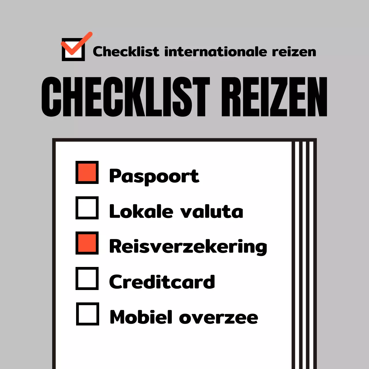Een eenvoudige grijze en oranje gids voor internationale reischecklists