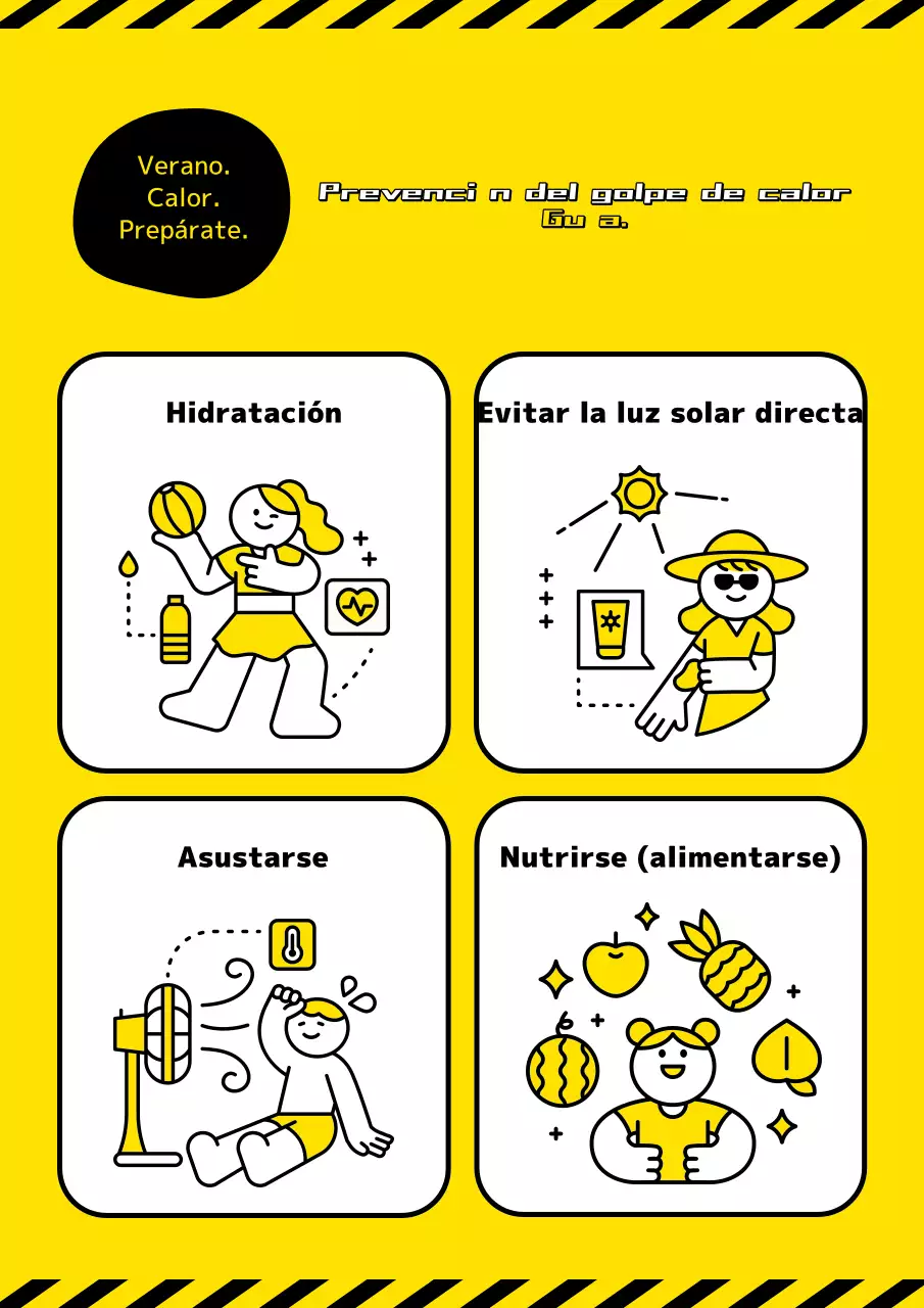 Información sencilla sobre la prevención de los golpes de calor en amarillo y negro