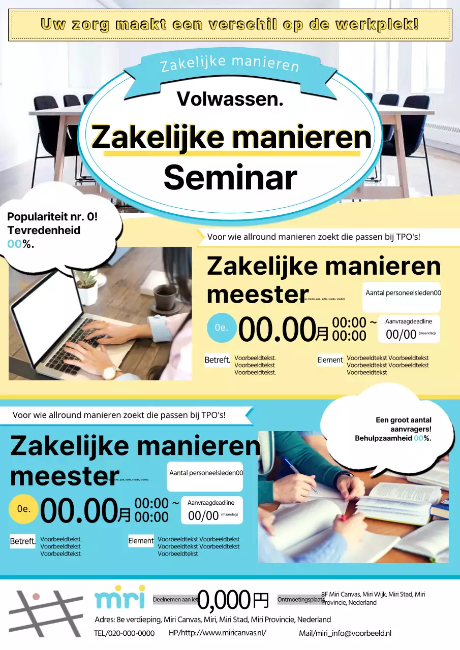 Basis en moderne zakelijke etiquette seminar advertentie in geel en lichtblauw