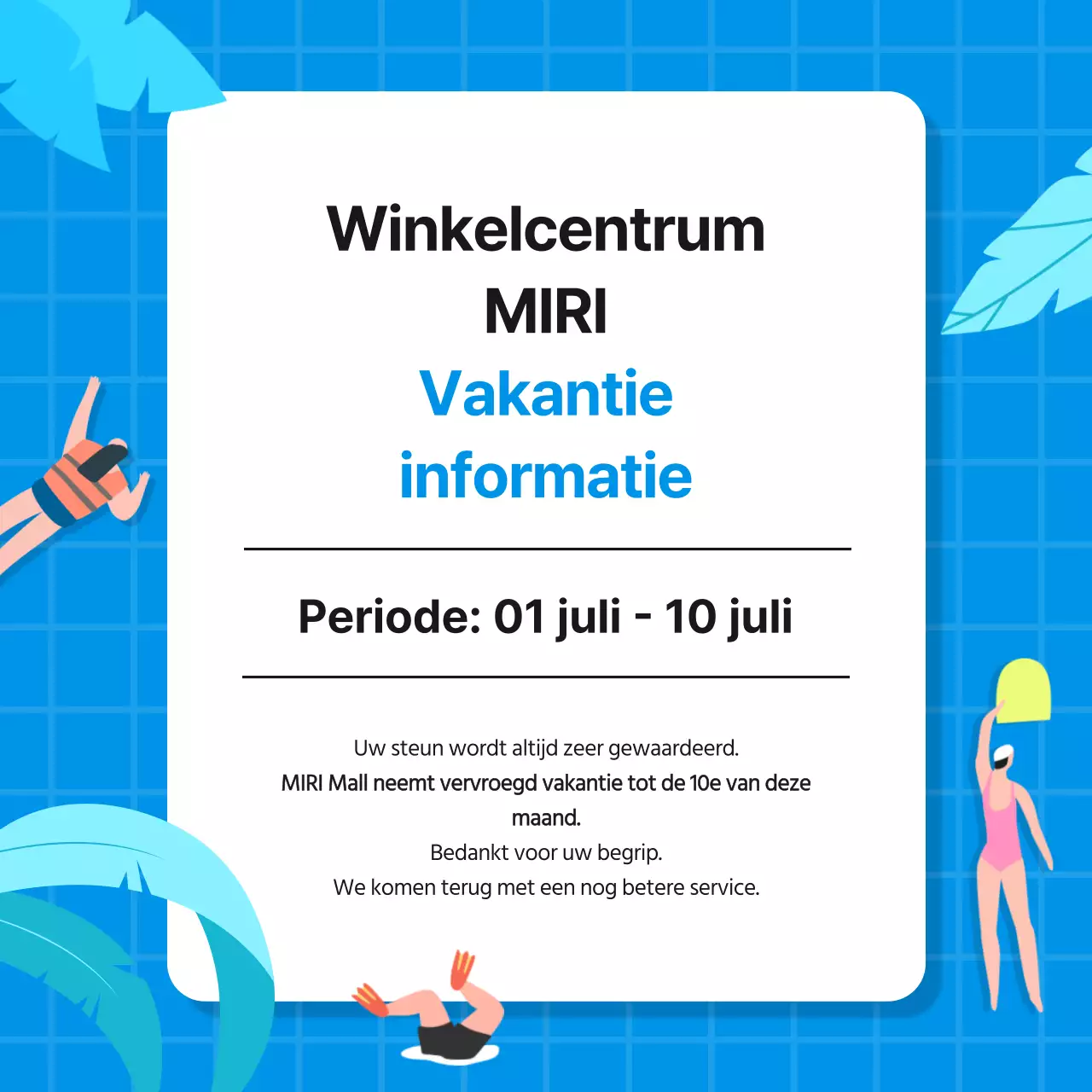 Een eenvoudige zomervakantieaankondiging in blauw en wit