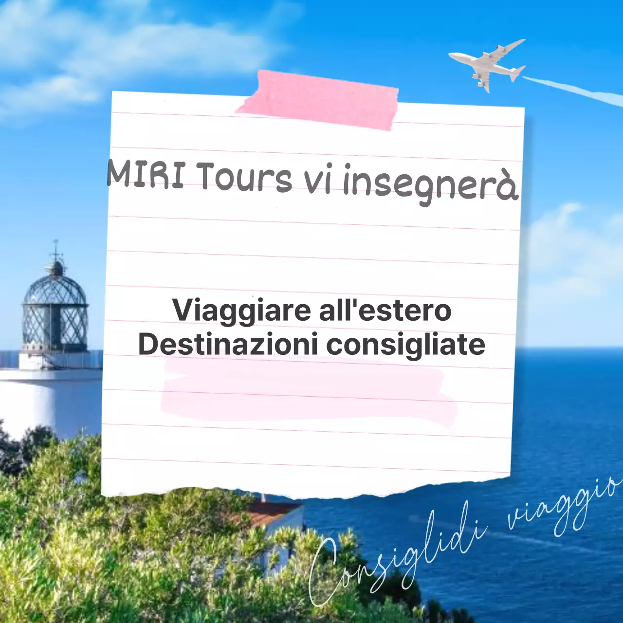 Un semplice annuncio di destinazione estiva all'estero in azzurro e rosa