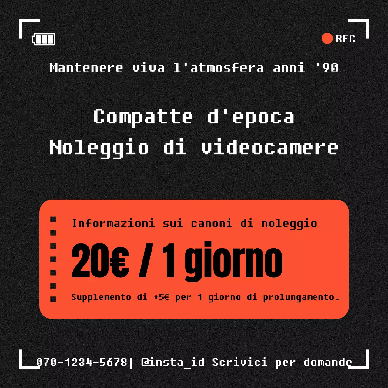 Annuncio d'epoca di noleggio di videocamere in nero e arancione