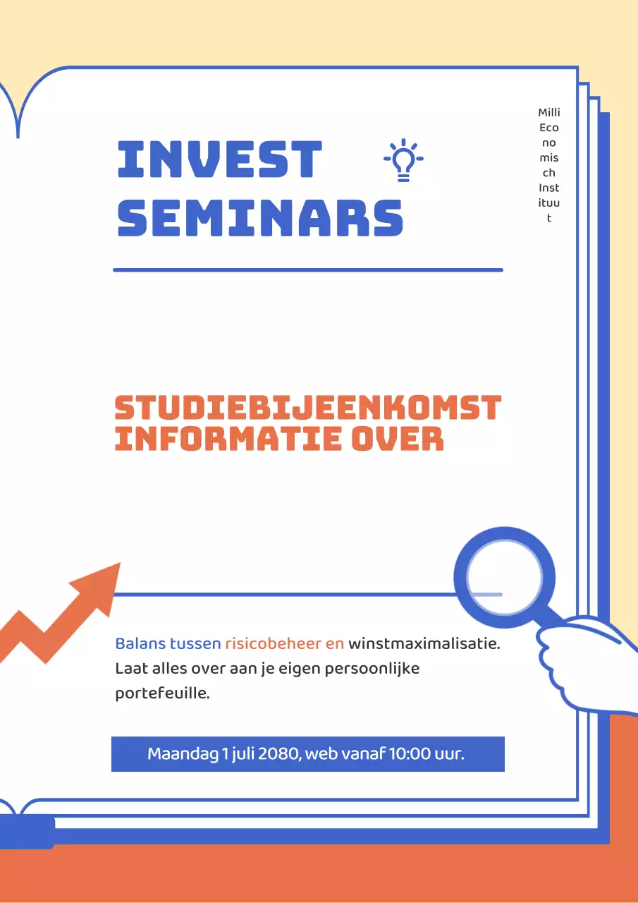 Flyer voor seminar over beleggingsportefeuille met blauwe en oranje accenten
