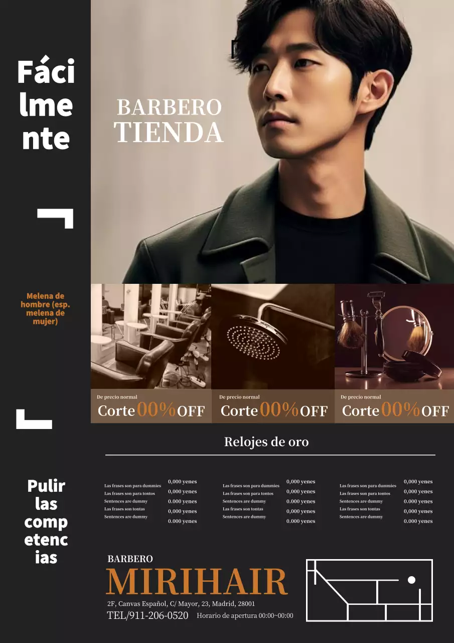 Anuncio sencillo y moderno de peluquería masculina en marrón y negro