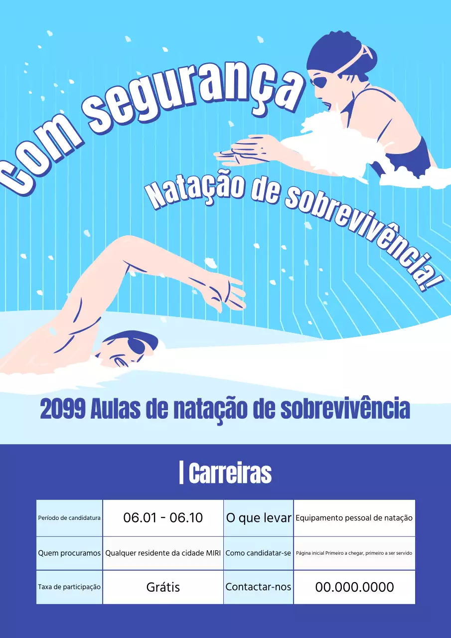Promover uma simples aula de natação de sobrevivência em azul e azul claro.