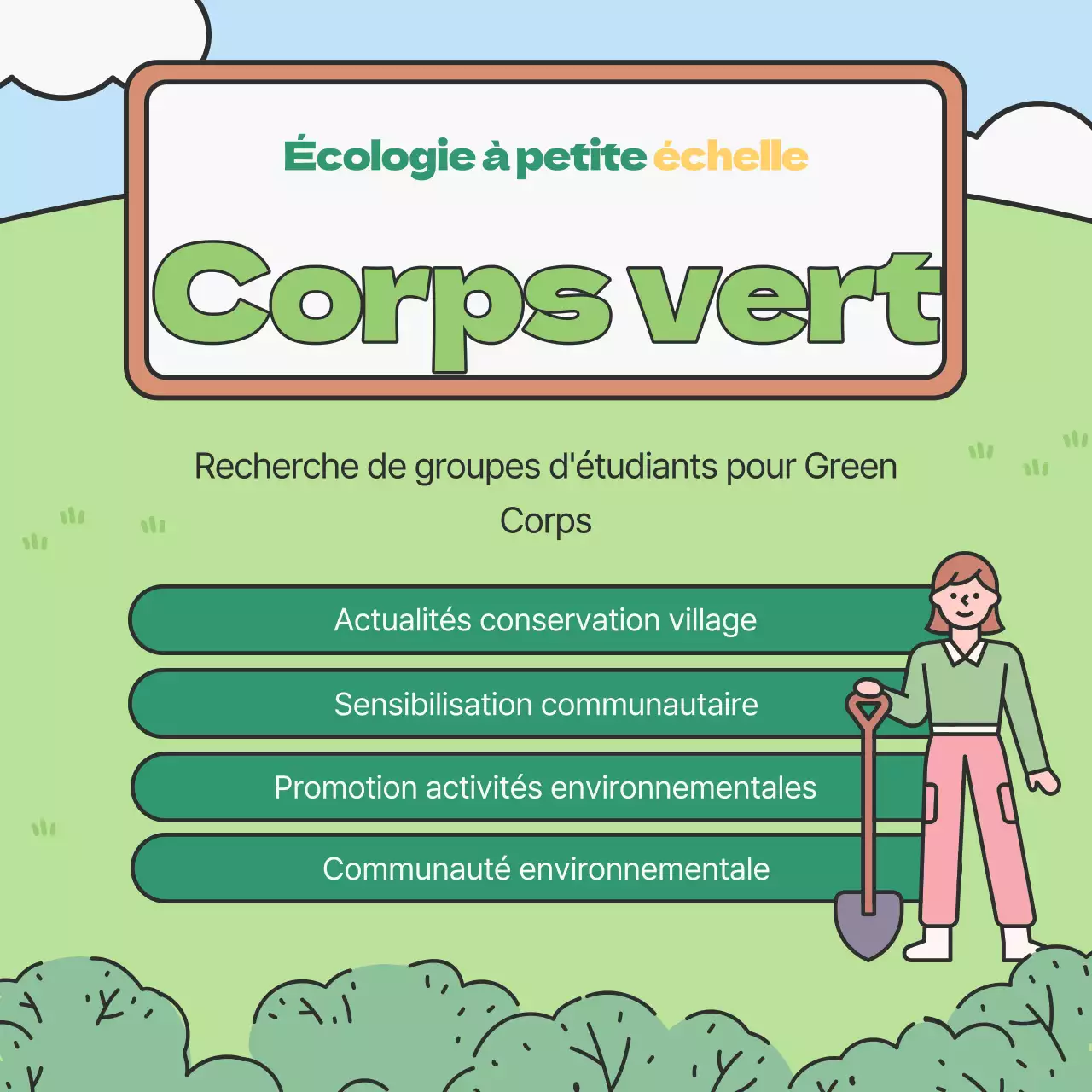 Promouvoir le recrutement d'étudiants universitaires volontaires pour l'environnement, de couleur verte ou chartreuse.