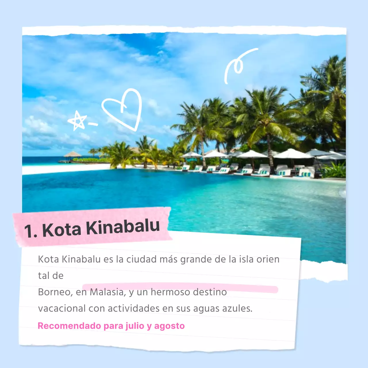 Un sencillo anuncio de un destino de verano en el extranjero en azul claro y rosa