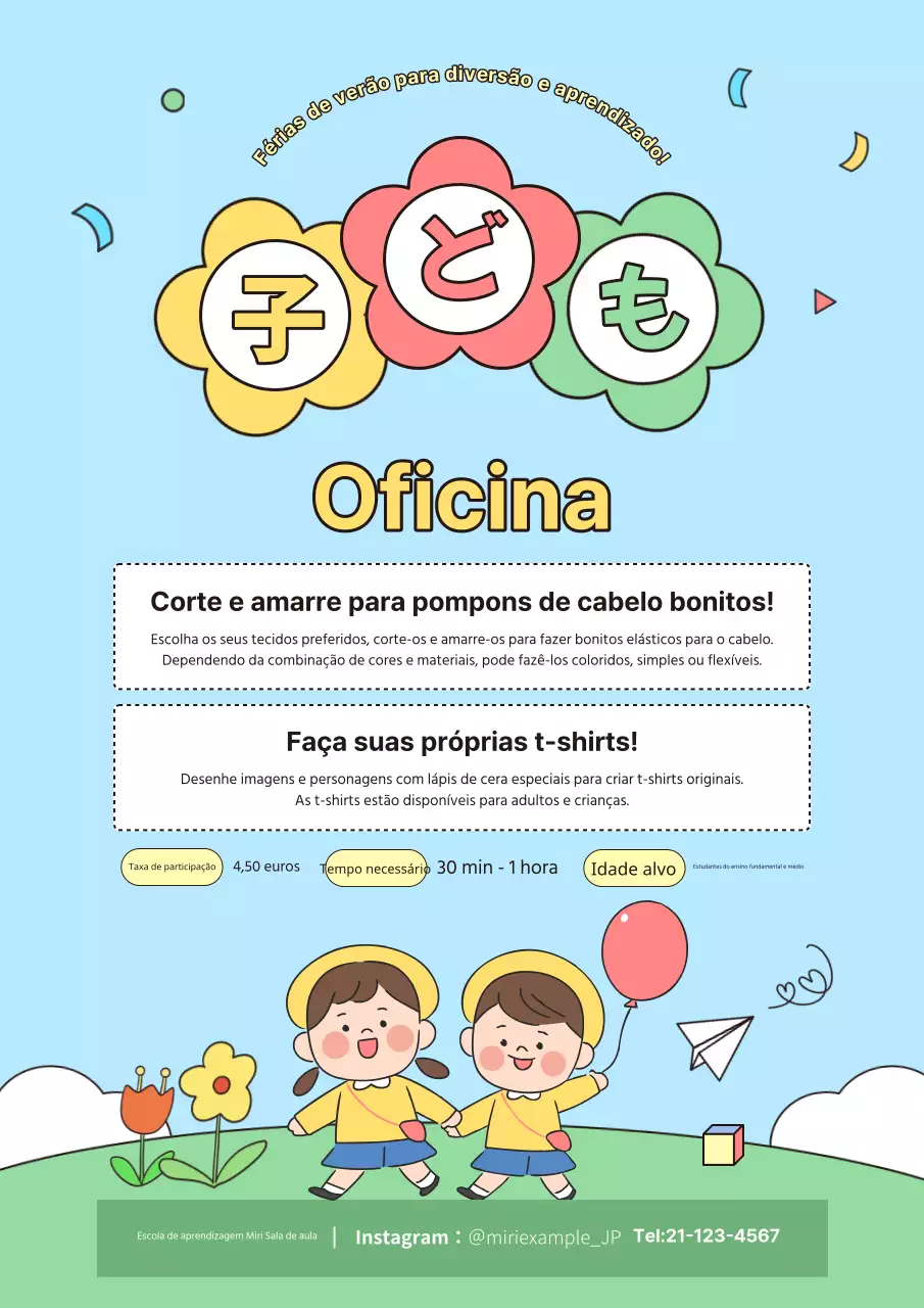 Anúncio de um bonito atelier infantil amarelo e verde para as férias de verão