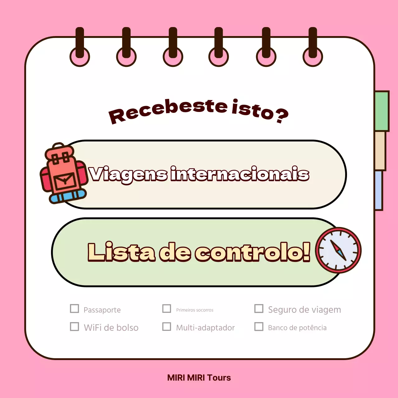 Capa de lista de verificação de embalagem de viagem internacional cor-de-rosa e amarela