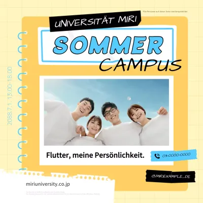Werbung für eine trendige Veranstaltung zur Öffnung des Universitätsgeländes in Gelb und Hellblau.