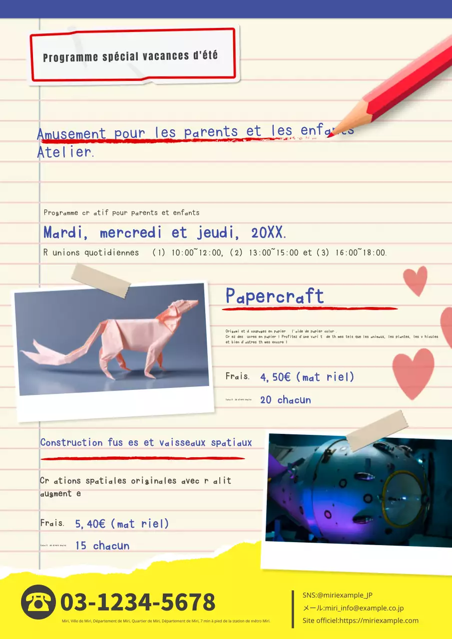 Présentation d'un programme simple de vacances d'été en beige et bleu, avec des ateliers pour les parents et les enfants.