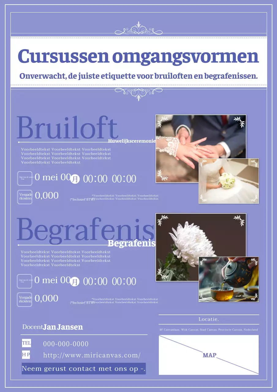 Klassieke en schone manieren cursus advertentie in mauve en lavendel