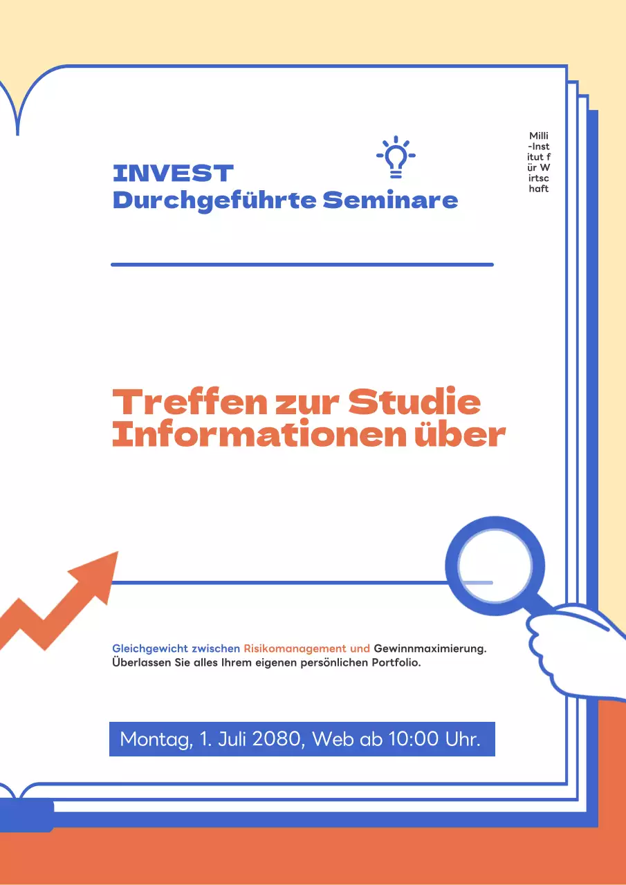 Seminar-Flyer für das Anlageportfolio mit blauen und orangefarbenen Highlights