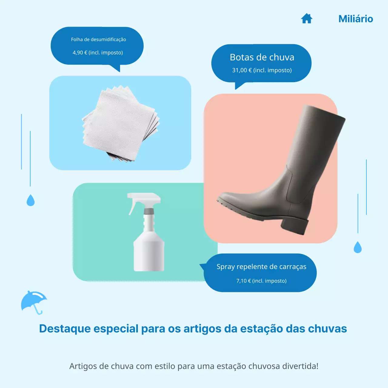 Anúncio simples de artigos para a estação das chuvas em azul claro e azul escuro.