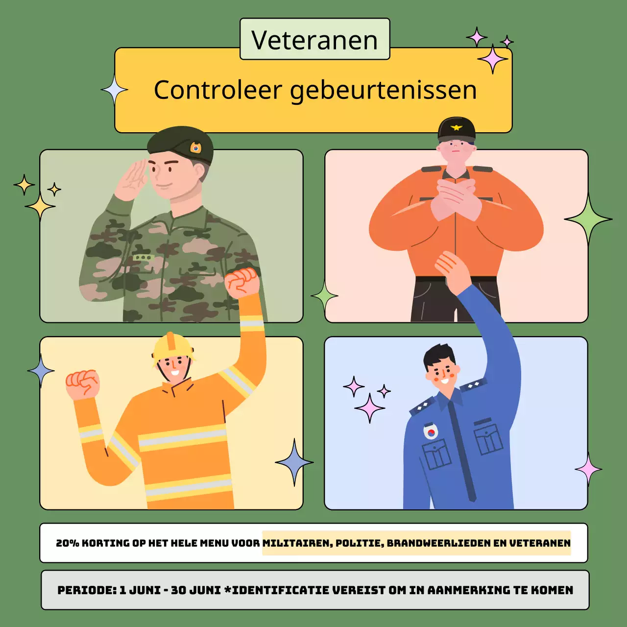Aankondiging van een kaki en kitscherig Veteranendag-evenement