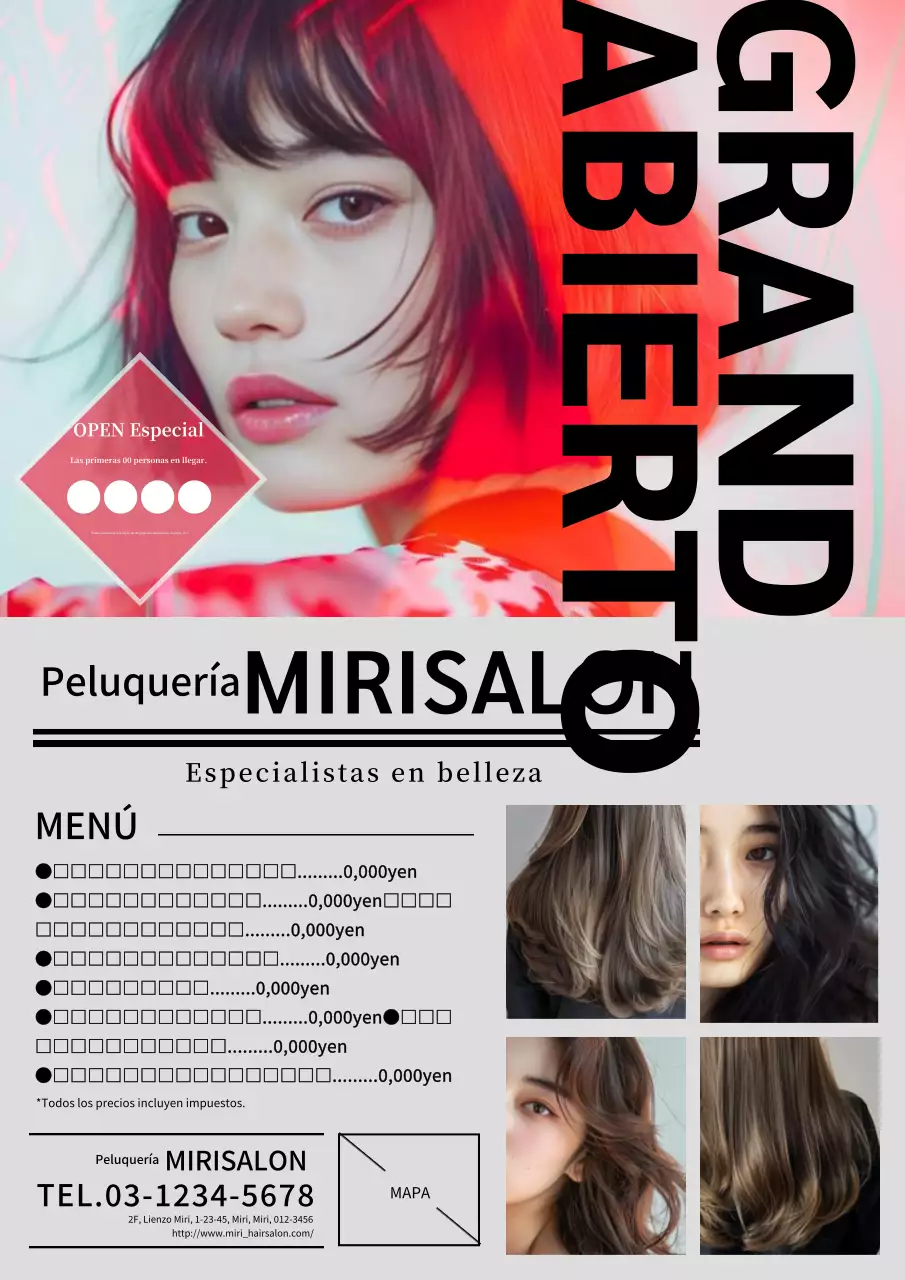 Anuncio de peluquería moderno y sencillo en rojo y gris