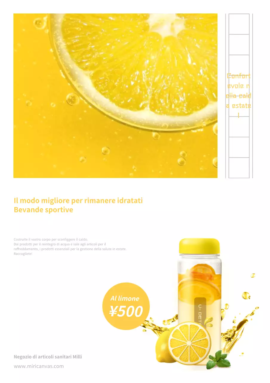 Semplice pubblicità di bevande sportive estive in giallo e bianco.