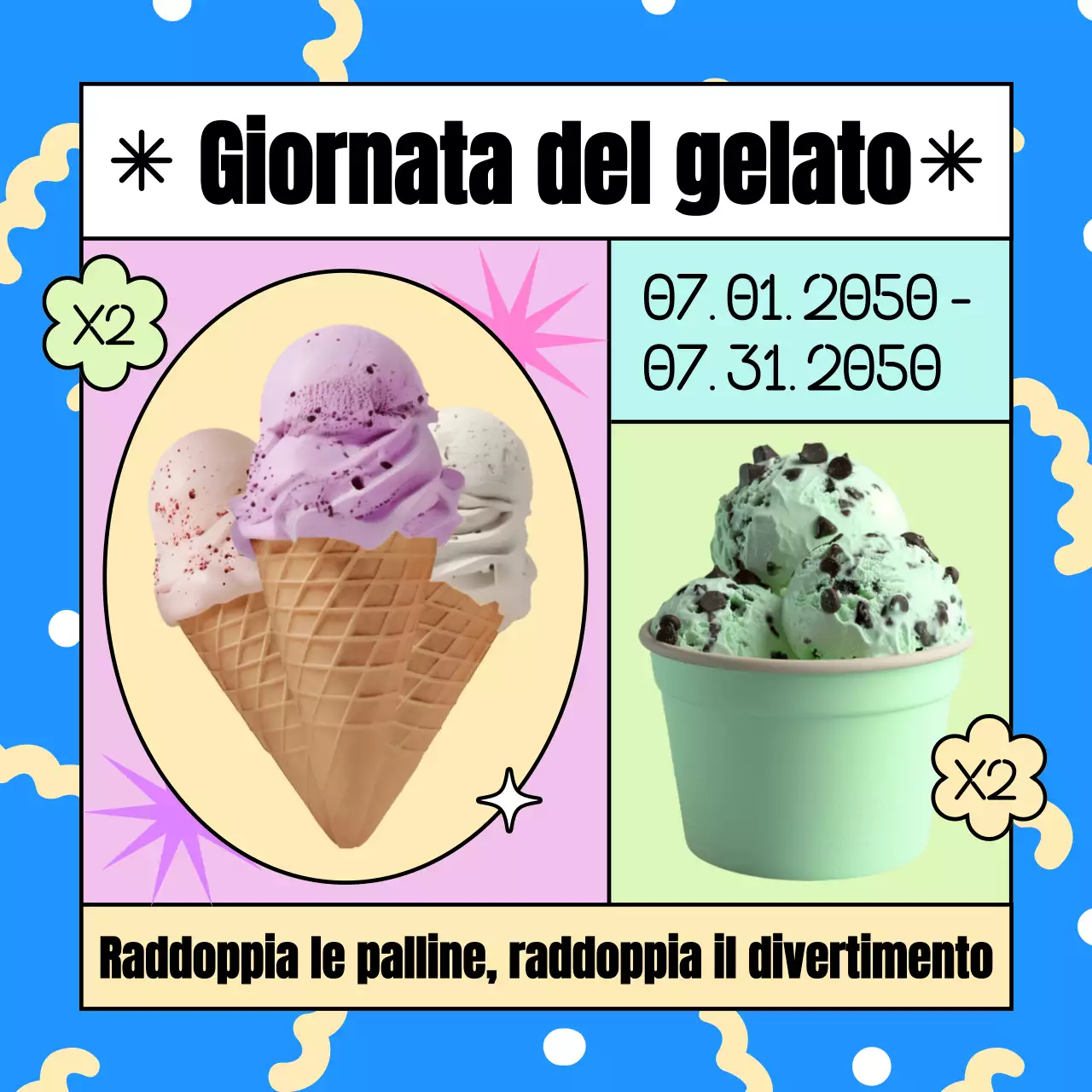 Promuovete gli sconti per la Giornata Nazionale del Gelato con colori blu e giallo