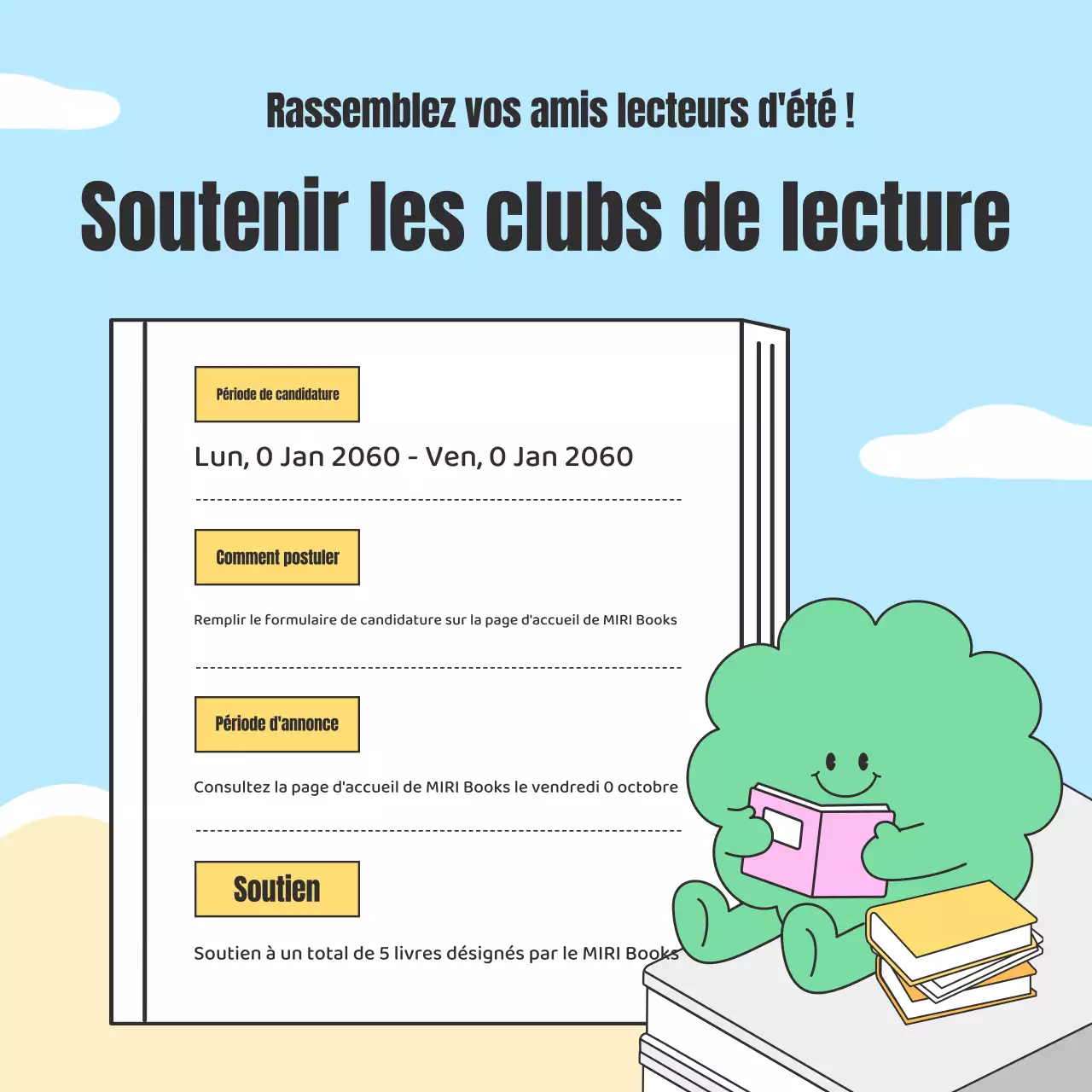 Promouvoir un groupe de lecture estival en bleu clair et beige