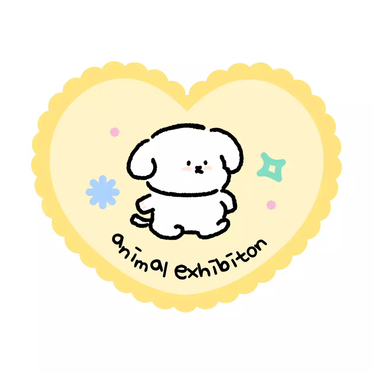 ハート型に犬と猫と落書きが描かれたキュートな雰囲気の展示会グッズ。