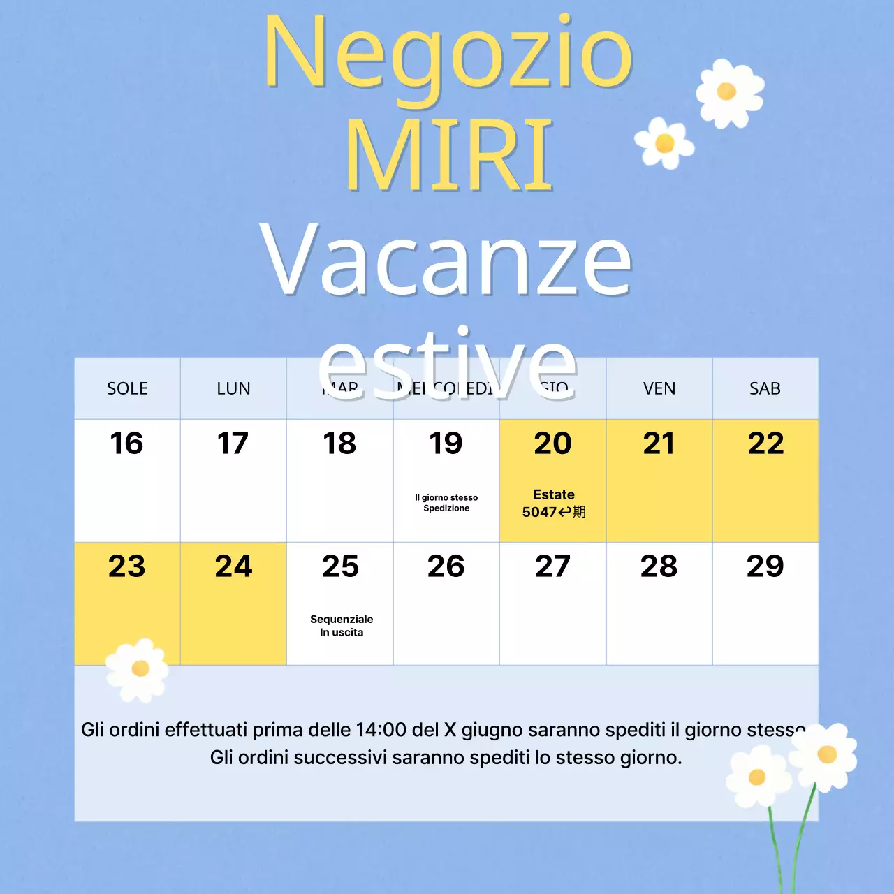 Annunci di vacanze estive in azzurro e giallo