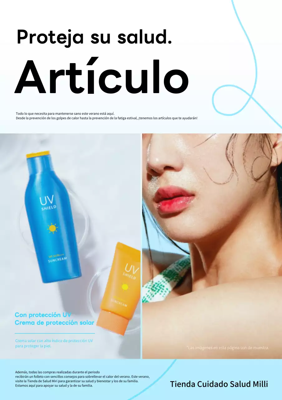 Folleto sencillo de promoción de productos de verano en azul claro y blanco