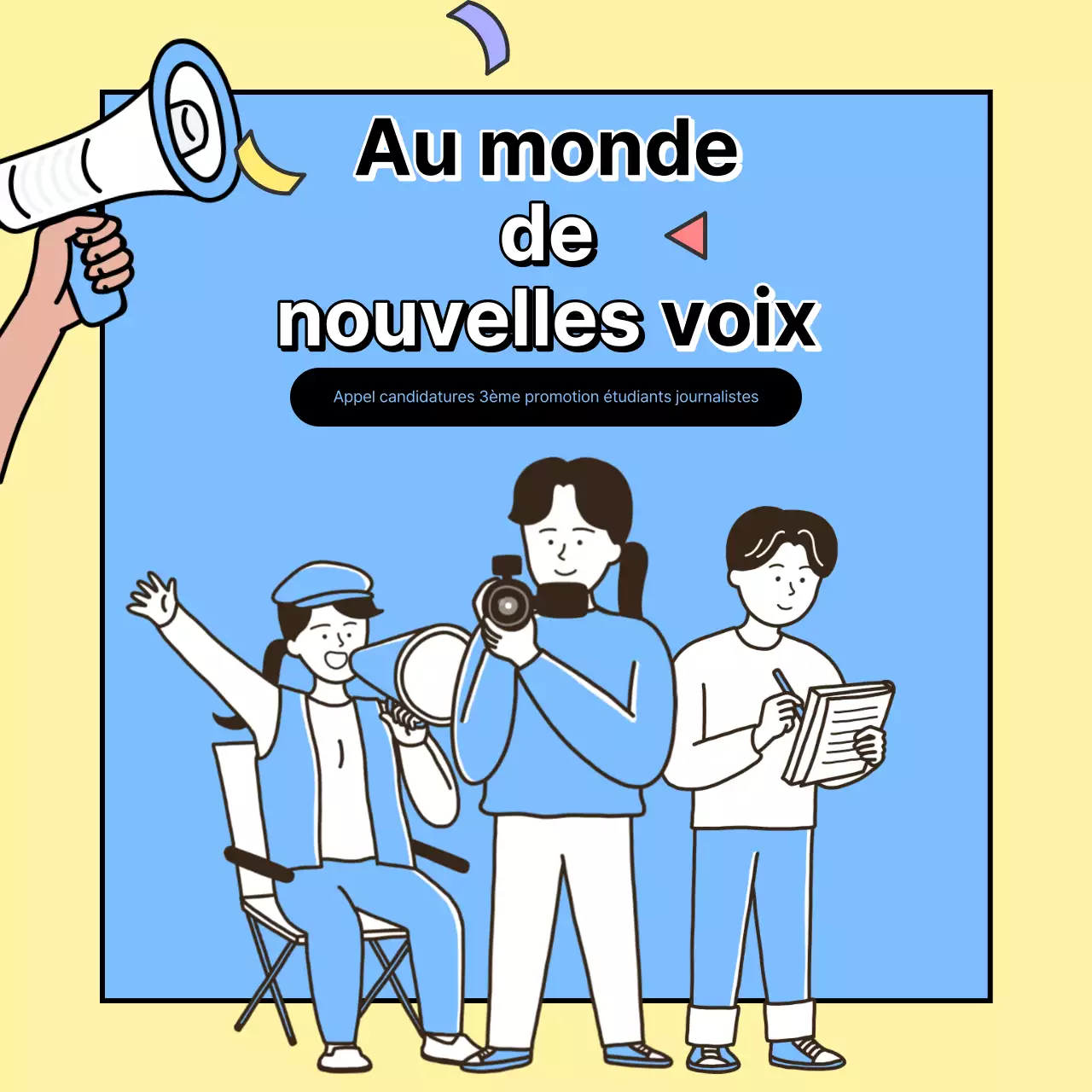 Promouvoir le recrutement d'une équipe de journalisme universitaire jaune et bleu clair