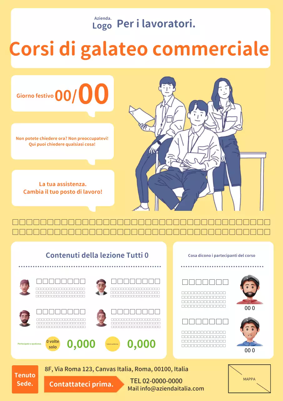 Un annuncio moderno e semplice in giallo e arancione per un corso di galateo aziendale.