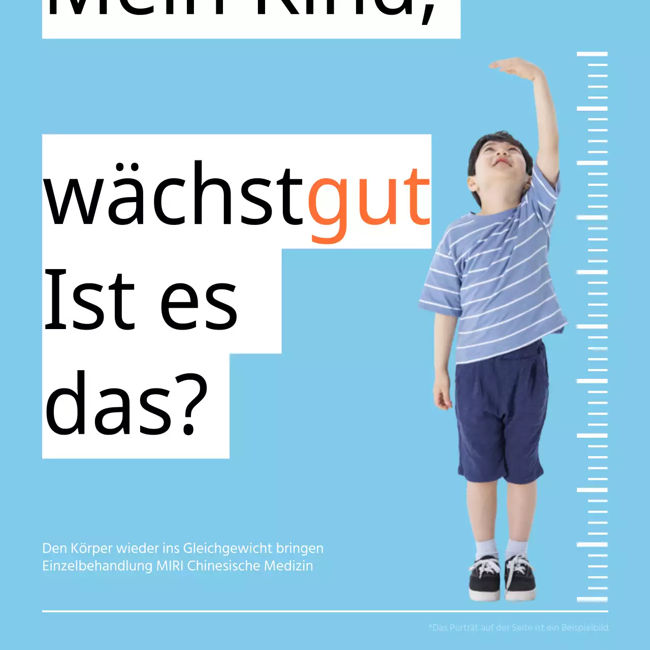 Werbung für eine einfache Klinik für Kinderwachstum nach chinesischer Medizin in Hellblau und Orange