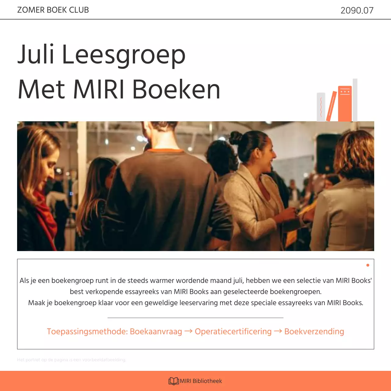 Een kitscherig oranje en wit boekenclubprogramma voor de bibliotheek promoten