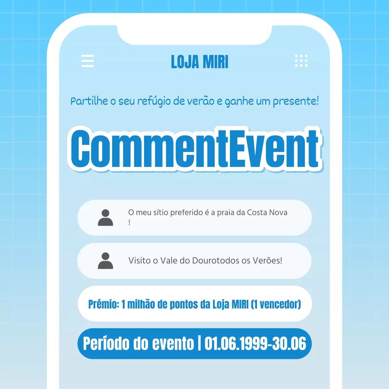Promova o seu evento com comentários retro em azul claro
