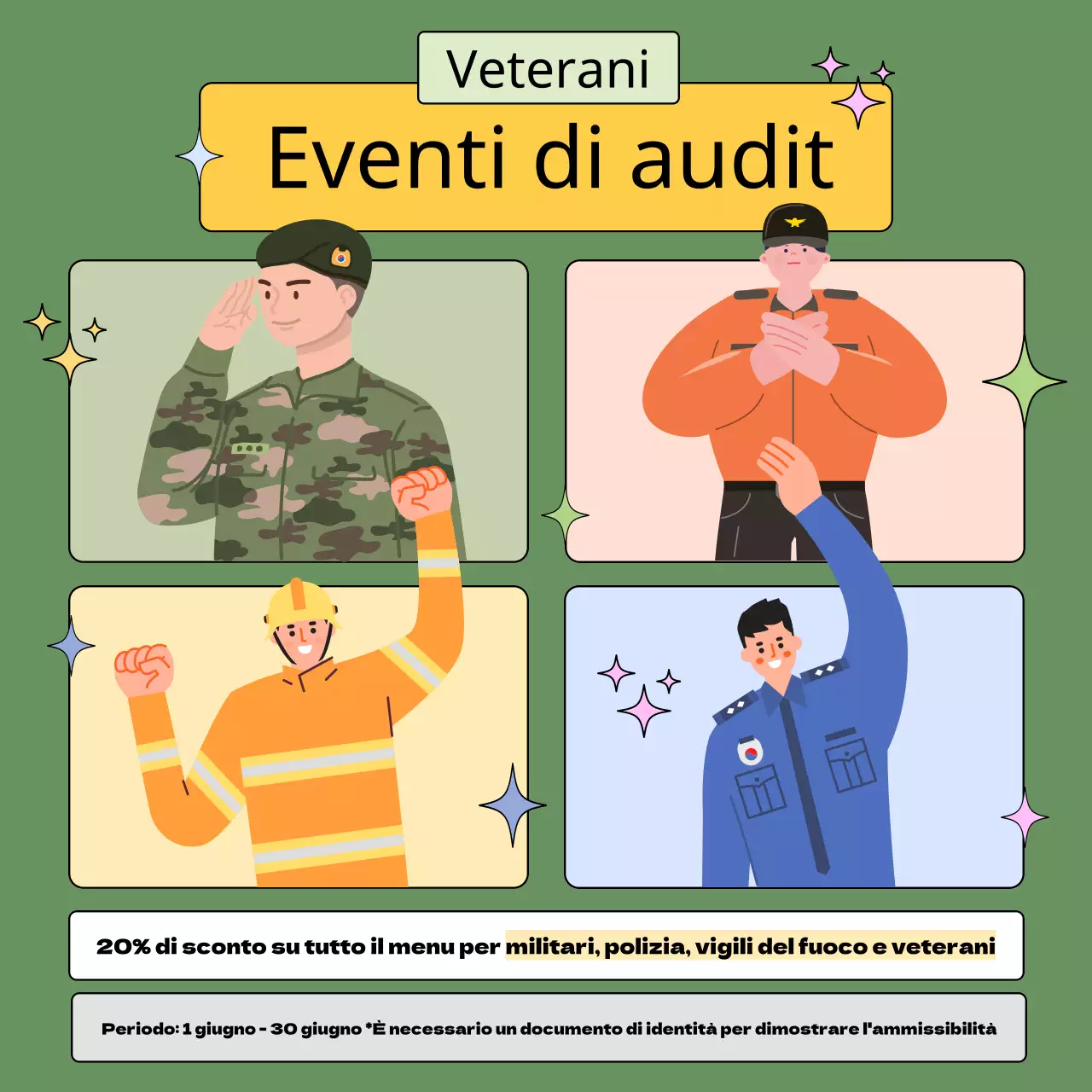 Annuncio di un evento kaki e kitsch per la Giornata dei Veterani