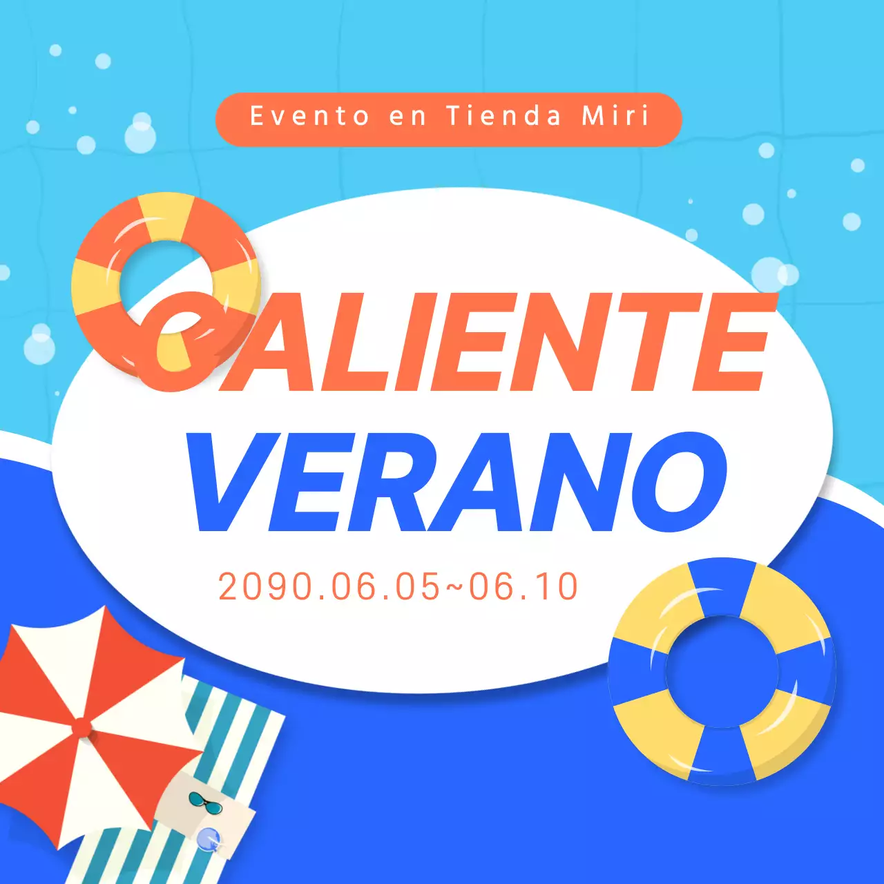 Eventos de verano en miniatura con toques azules y naranjas