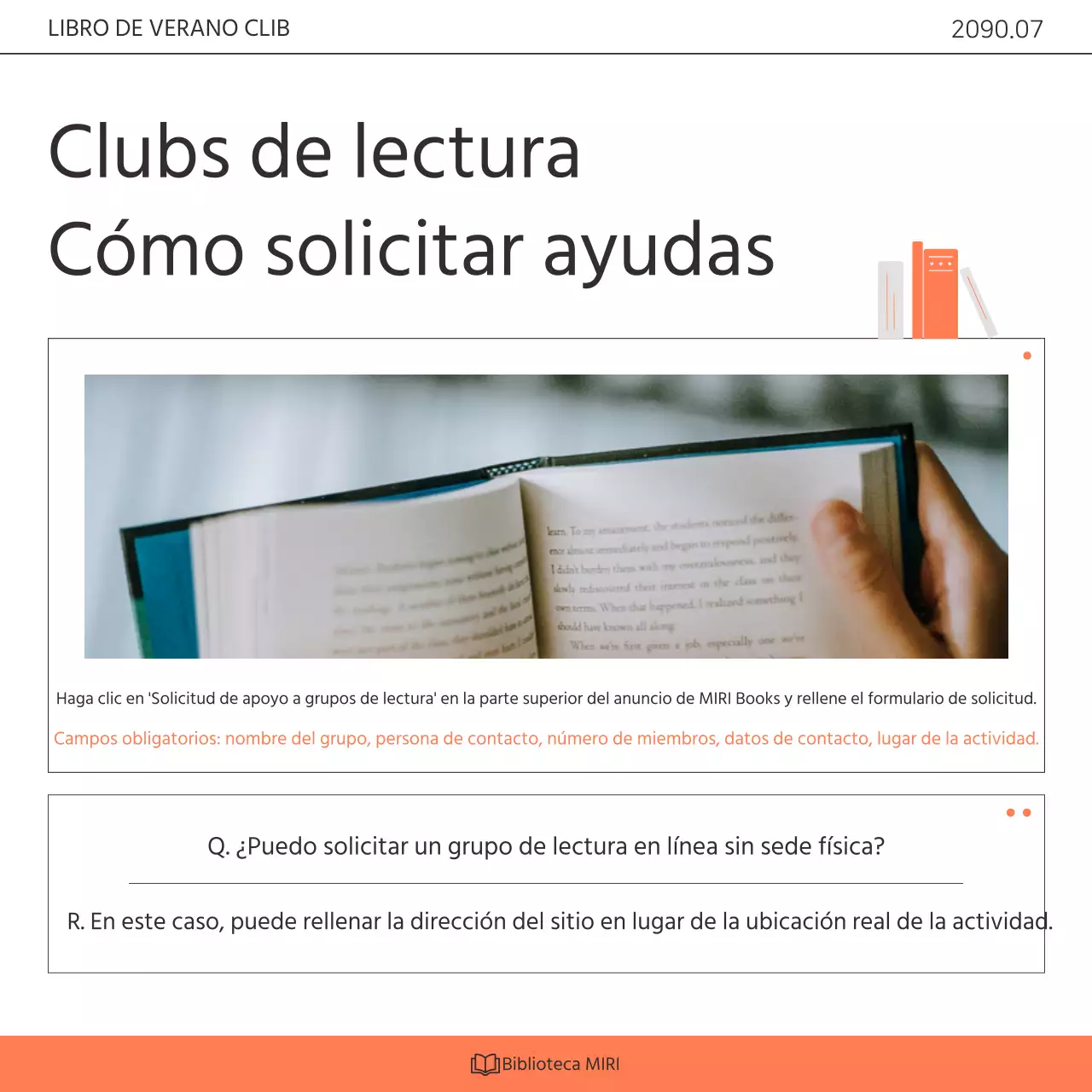 Promover un programa de divulgación del club de lectura de la biblioteca en naranja y blanco kitsch.