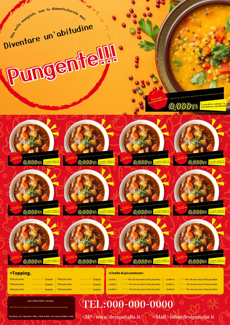 Un annuncio colorato ed essenziale per la consegna del curry in rosso e arancione!