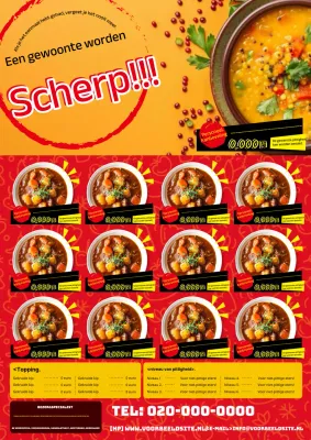 Een kleurrijke, eenvoudige currybezorgadvertentie in rood en oranje!