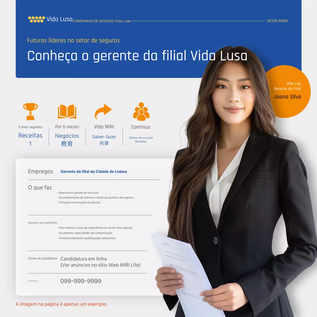 Uma proposta moderna de recrutamento de gestores de sucursais em azul e laranja