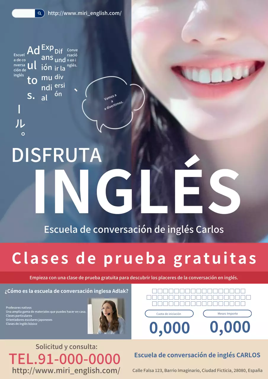 Un anuncio moderno y sofisticado de una escuela de conversación inglesa en colores azul marino y rojo.