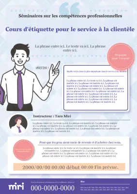 Publicité moderne et simple pour un cours sur l'étiquette du service à la clientèle, en bleu clair et bleu.