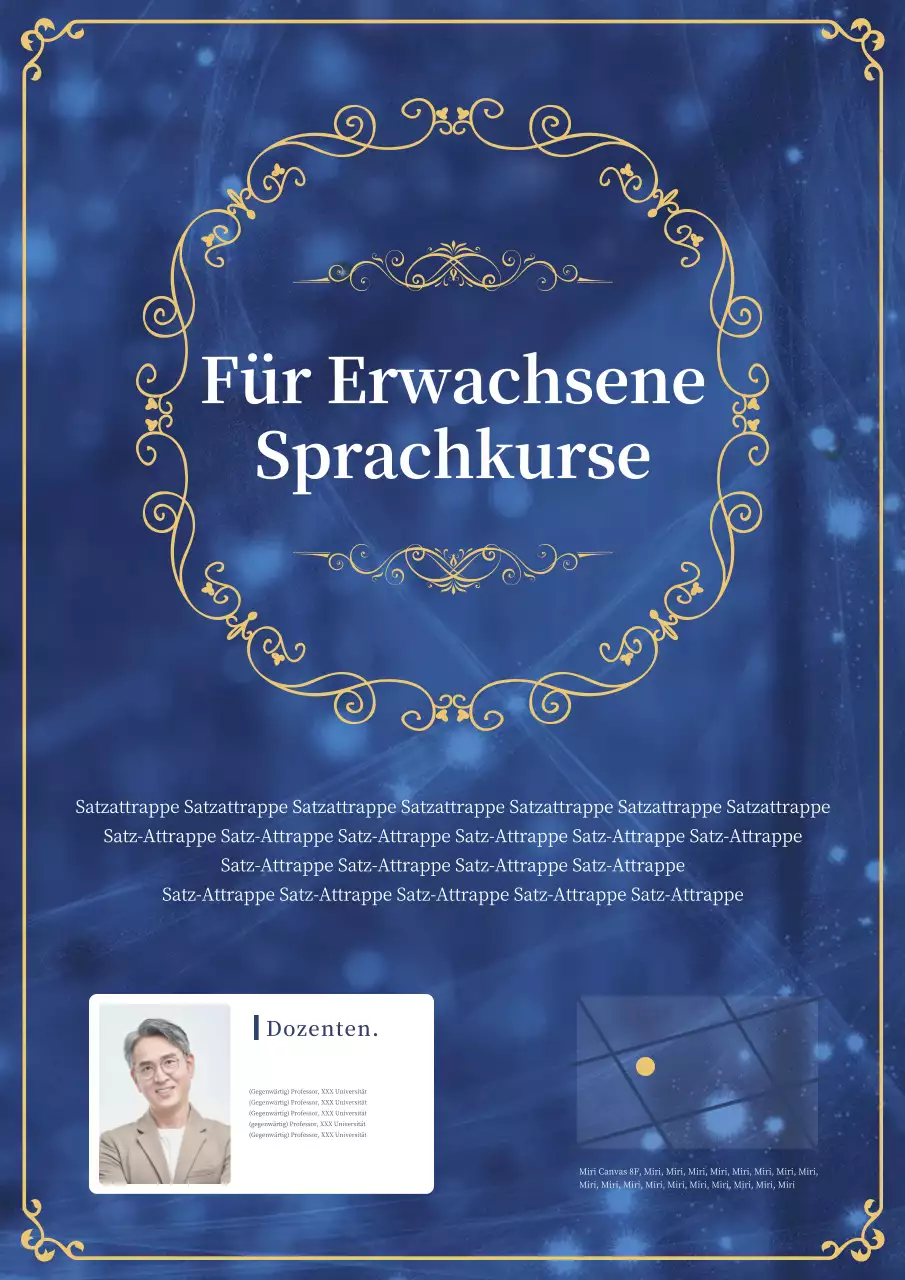 Klassische und einfache blaue und goldene Farben für eine Anzeige für einen Sprachkurs für Erwachsene