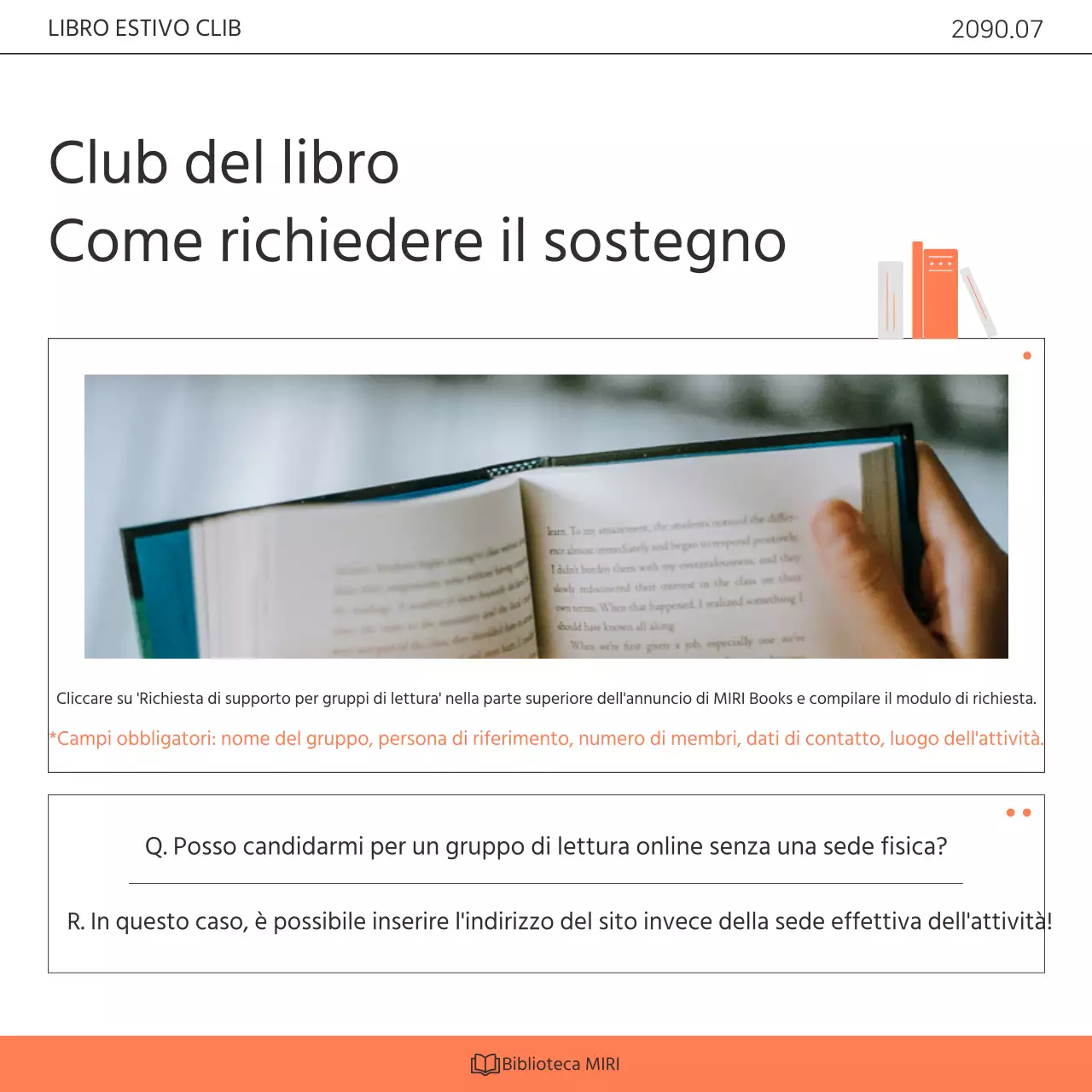 Promuovere un programma di sensibilizzazione per il club del libro della biblioteca in bianco e arancione kitsch