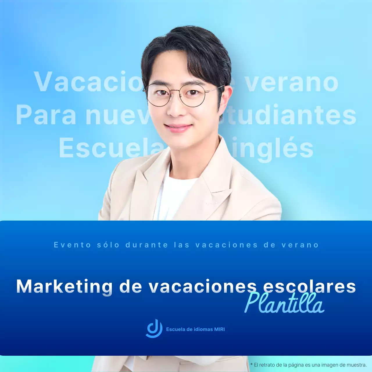 Estilo de acento azul y menta para promocionar las conferencias especiales de verano del TOEIC
