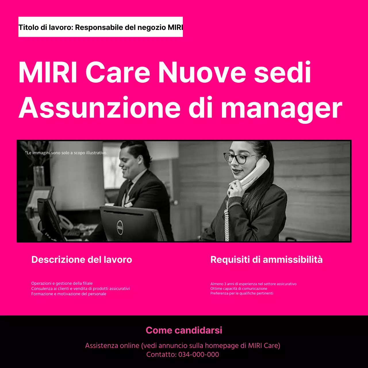 Semplice annuncio di lavoro per manager in rosa acceso e nero