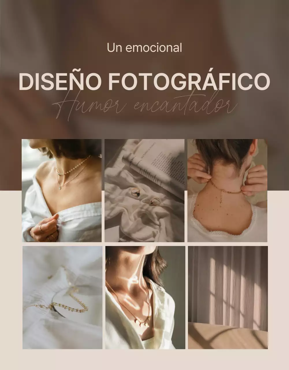 Promociona tu página con un moderno diseño fotográfico de joyas en tonos marrones y beige