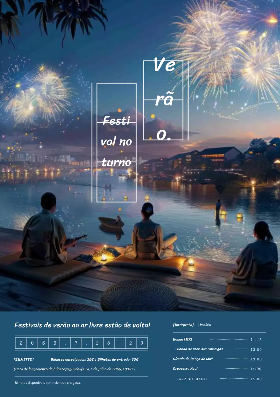 Publicidade para um simples festival de música nocturna de verão em tons de índigo e branco.