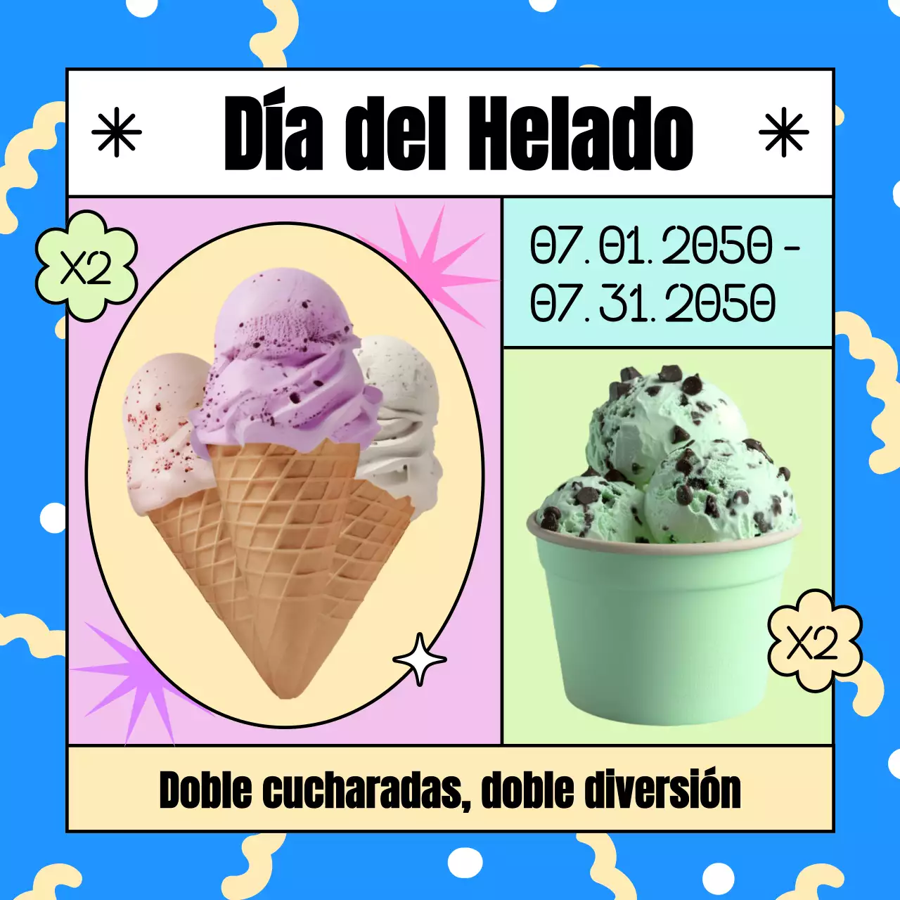 Promocione descuentos para el Día Nacional del Helado con toques de azul y amarillo