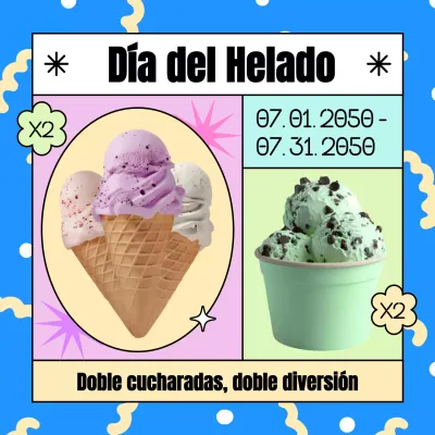 Promocione descuentos para el Día Nacional del Helado con toques de azul y amarillo